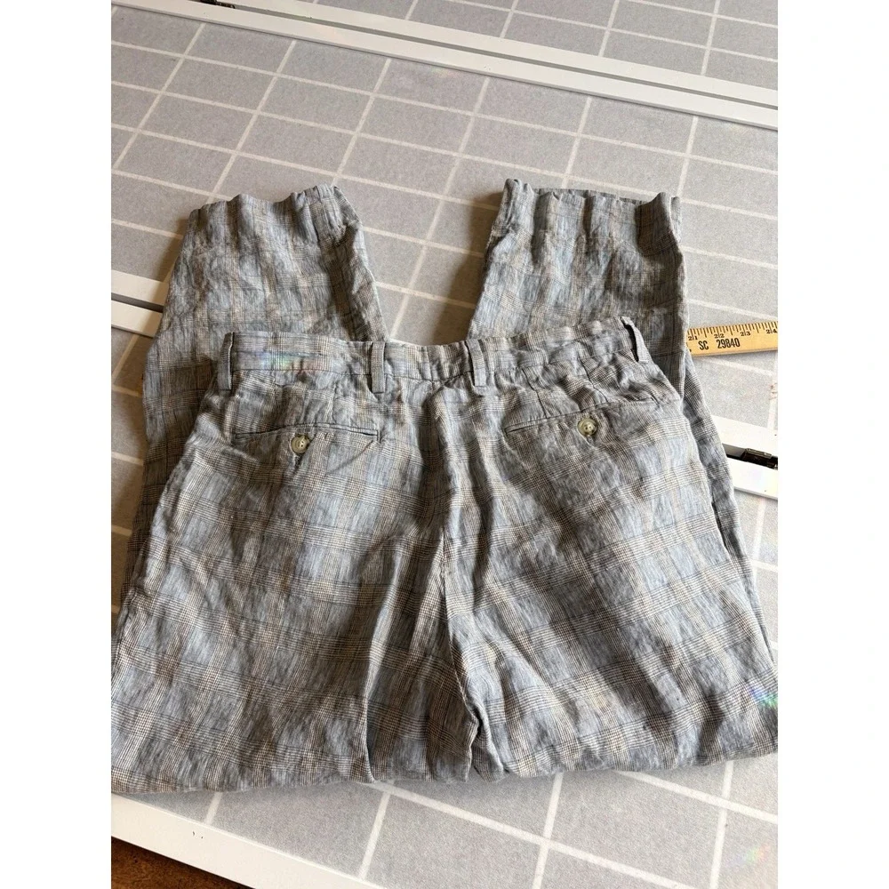 Berle Mens Linen Trousers 34x26 Plaid Check Blue Grey Flat Front Dress Pants